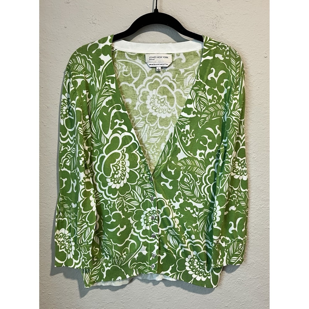 Jones New York Sport Cardigan Sweater Large Green Floral Egyptian Cotton
